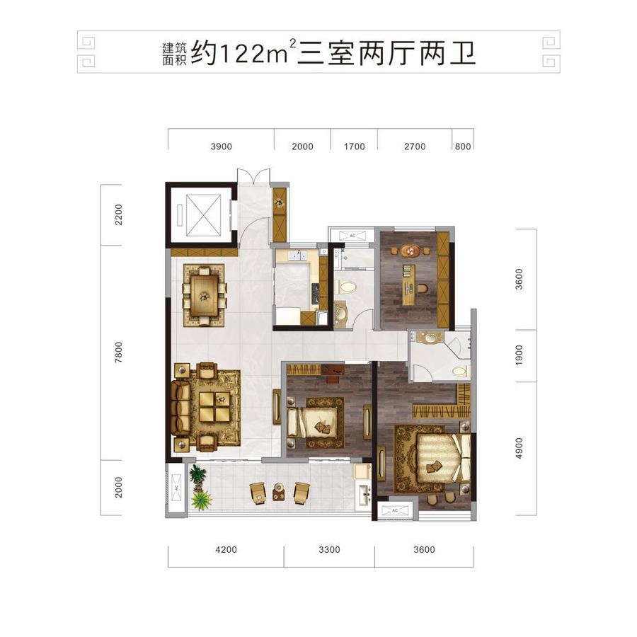 人信悦玺3室2厅2卫122㎡户型图